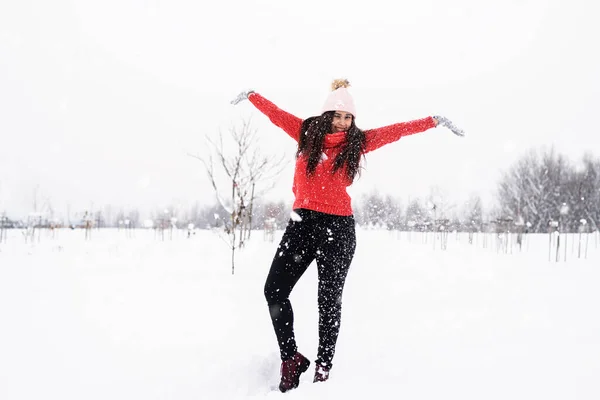 Temporada Inverno Jovem Morena Camisola Vermelha Brincando Com Neve Parque — Fotografia de Stock