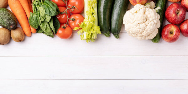 Healthy eating. Healthy foods top view flat lay on wooden background with copy space