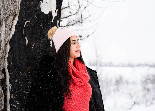 Temporada Inverno Retrato Uma Bela Jovem Sorridente Junto Árvore Com — Fotografia de Stock