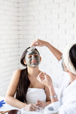 two beautiful women applying facial mask doing spa procedures clipart
