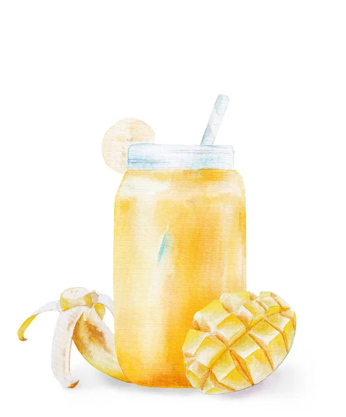 Frische Smoothies Aus Tropischen Früchten Einmachglas Mit Mango Und Bananen — Stockfoto