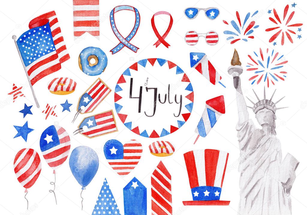 4th July - Independence day of United States of America - festive watercolor elements set with different holiday symbols isolated on white background. Hand drawn watercolor illustration