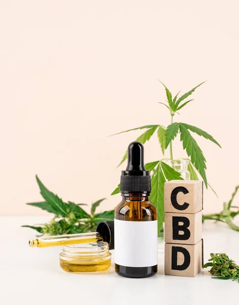 Alternative Medicine Natural Cosmetics Cbd Oil Cannabis Leaves Cosmetics Front — Stock Photo, Image