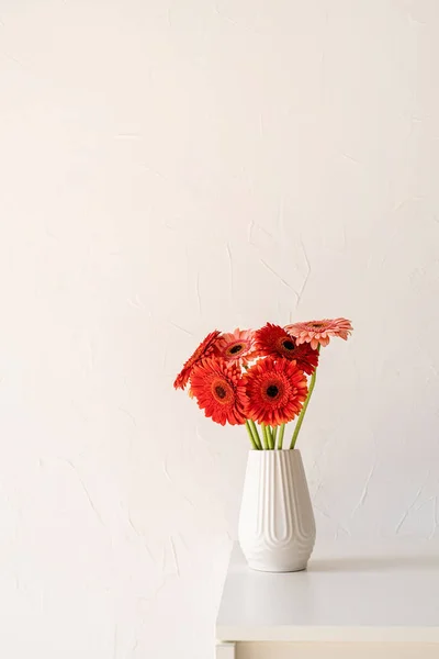 Rote Und Rosa Gerbera Gänseblümchen Weißer Vase Auf Dem Tisch — Stockfoto