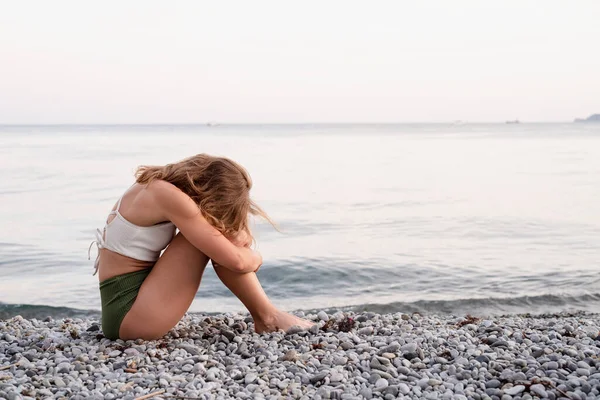 Mental Health Concept Rear View Depressed Young Woman Swimsuit Sitting — Stock Photo, Image