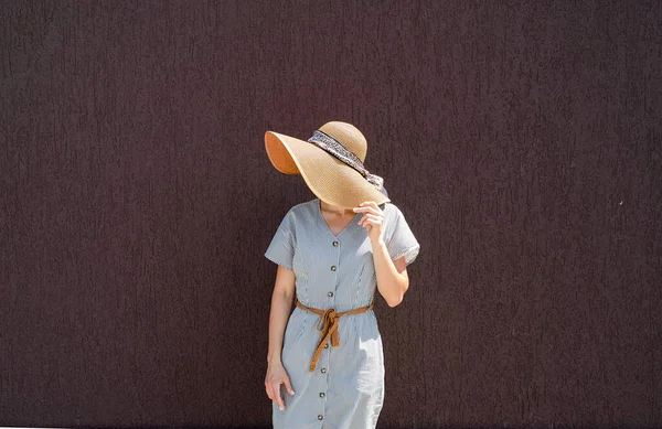 时尚的概念 一个年轻女子的画像 戴着夏草帽 头戴米黄色的墙 满脸皱纹 望着紫色的墙背景 — 图库照片