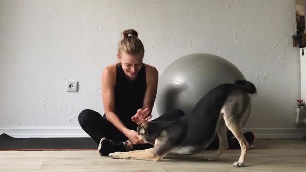 Spor Sağiık Evde Spor Yaptıktan Sonra Köpeğiyle Oynayan Bir Kadın — Stok video