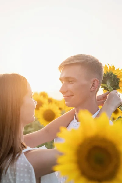 Podzimní Příroda Mladý Romantický Pár Procházky Slunečnicovém Poli Při Západu — Stock fotografie