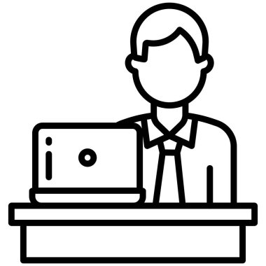 Dizüstü bilgisayar çizgisi simgesi olan iş adamı, vektör illüstrasyonu