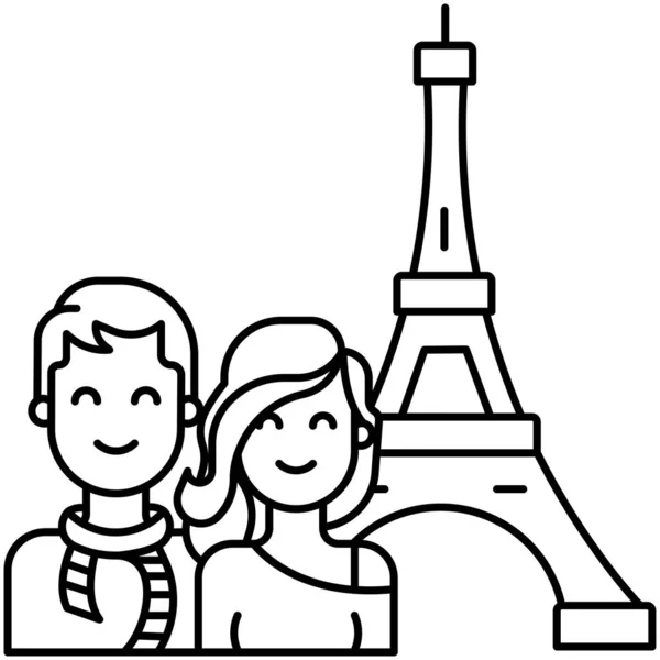 Casal Turistas Com Mala Eiffel Design Ilustração Torre Vetorial — Vetor de Stock