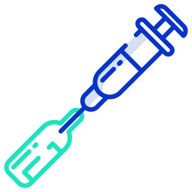 Şırınga vektör simgesi. biçim iki renkli düz sembol, mavi ve beyaz renkler, yuvarlak açılar, gümüş arkaplan
