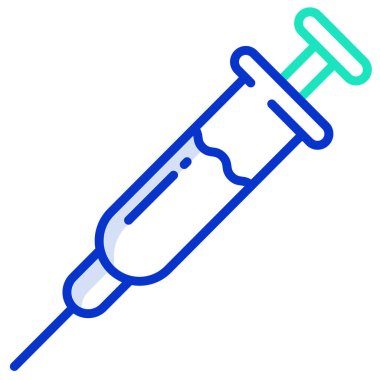 Şırınga vektör simgesi. biçim iki renkli düz sembol, mavi ve beyaz renkler, yuvarlak açılar, açık arkaplan