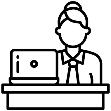 Dizüstü bilgisayar çizgisi simgesi olan iş adamı, vektör illüstrasyonu