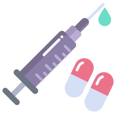 Şırınga vektör simgesi. biçim iki renkli düz sembol, pembe ve beyaz renkler, yuvarlak açılar, gümüş arkaplan