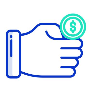 El ele tutuşan para ikonu. Beyaz arkaplanda izole edilmiş web tasarımı için dolar fatura illüstrasyon sembolü