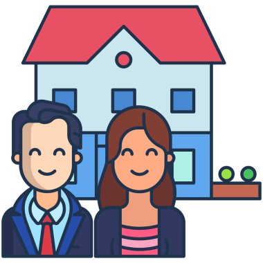 Ev ve çatı simgesi, renkli tasarım, gayrimenkul ve mülkiyet temalı çiftlerin vektör çizimi, ev