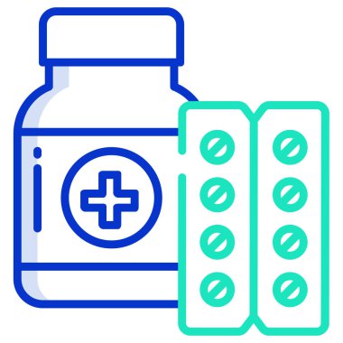 Tıbbi hap vektör ikonu. biçim iki renkli düz sembol, mavi ve beyaz renkler, yuvarlak açılar, ışık