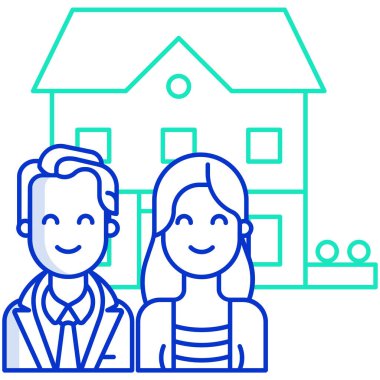 Ev ve çatı simgesi, renkli tasarım, gayrimenkul ve mülkiyet temalı çiftlerin vektör çizimi, ev