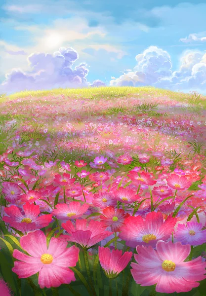 Flower field on hill painting illustration — Stock Photo, Image