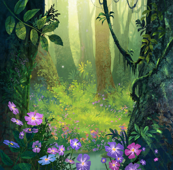 The illustration fantasy forest background painting