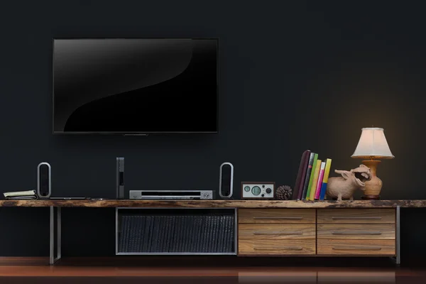 Sala de estar led tvs en la pared de hormigón con medios de mesa de madera fu — Foto de Stock