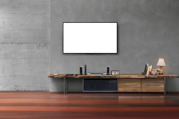 Oturma odası led boş ekran tv beton duvar ahşap sekmesi