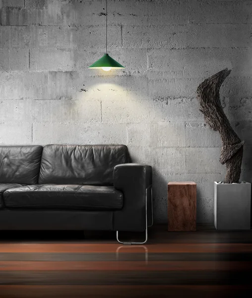 siyah kanepe ve loft yaşamak içinde lamba ışığında ile ahşap heykel