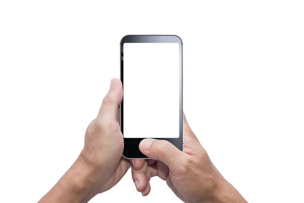 Holding ve smartphone boş ekran beyaz kullanarak eller