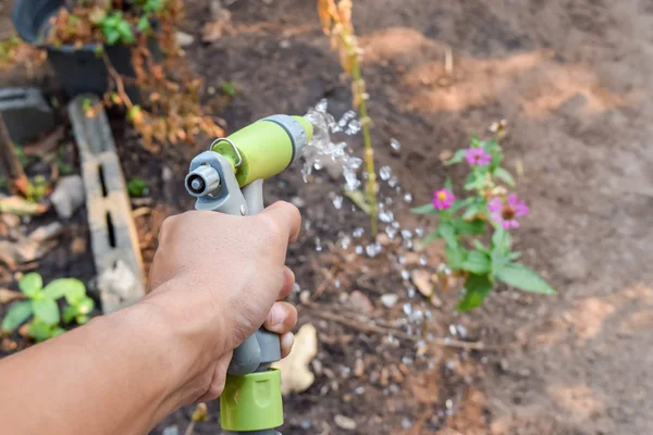 Regar as plantas com pistola de pulverização — Fotografia de Stock