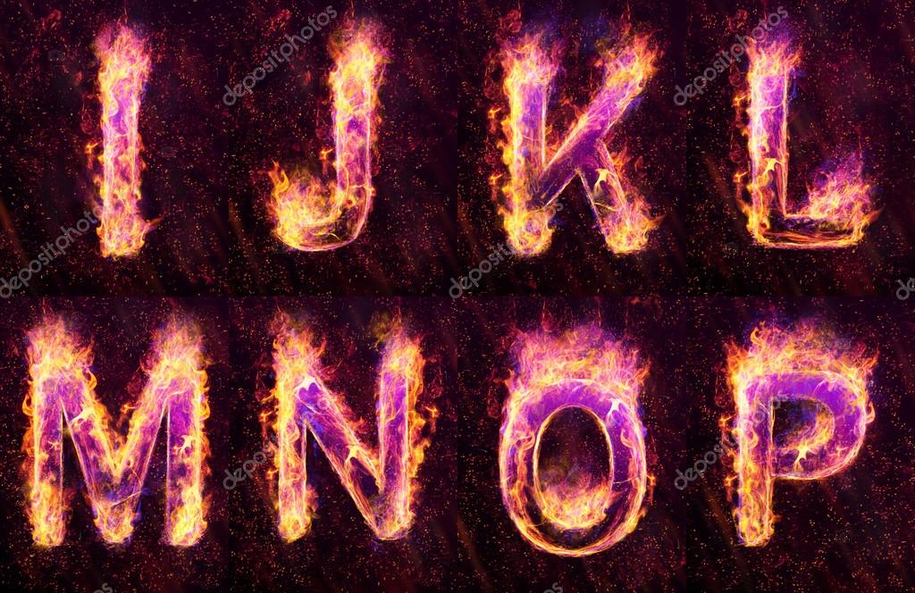 Set of fire burning latin alphabet letters