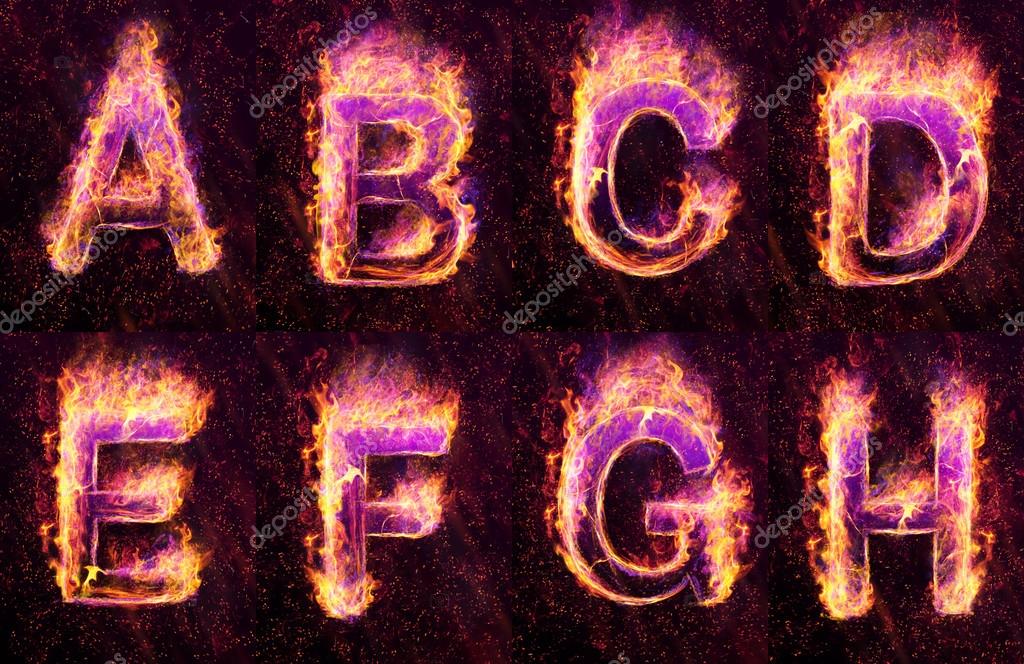 Set of fire burning latin alphabet letters