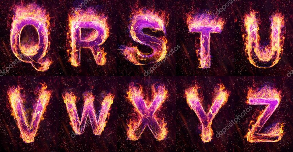 Set of fire burning latin alphabet letters