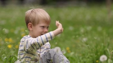 Çizgili, uzun kollu bir gömlekle yeşil bir çayırda oturan, gülümseyen ve elini sallayan açık renk saçlı bir anaokulu öğrencisi. Orta boy, doğal gün ışığı, yumuşak bokeh..
