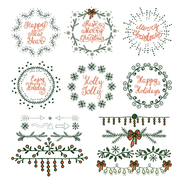 Elementos de diseño hechos a mano de Navidad. Coronas, ramas, cabeceras , — Vector de stock