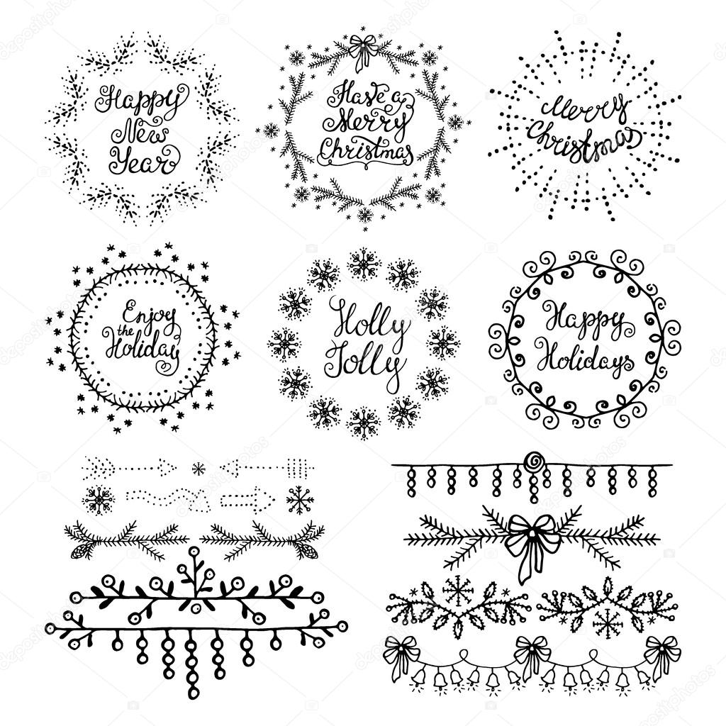 Elementi di disegno di Natale disegnato a mano Corone di fiori rami intestazioni lettering Migliore per biglietti di auguri inviti — Vettoriali di