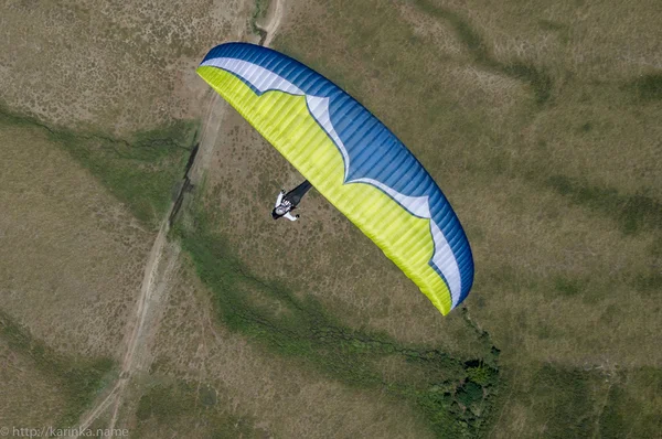Pilote de parapente jaune et bleu volant au-dessus des champs — Photo