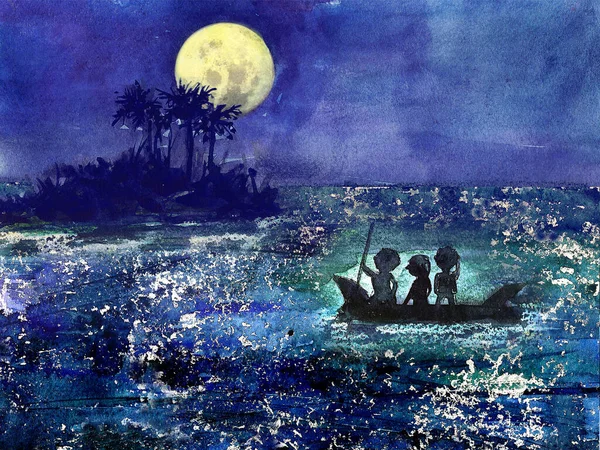 The Full Moon Island.  Beautiful hand painted watercolor illustration of a night sea, a tropical island with palm trees and boats with three kids silhouette.