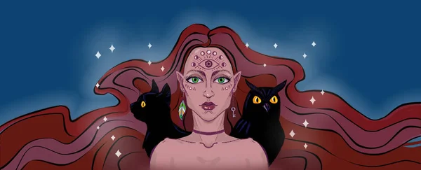 Прекрасная Ведьма Бирюзы Цифровая Иллюстрация Девушки Рыжими Волосами Узором Глаз — стоковое фото