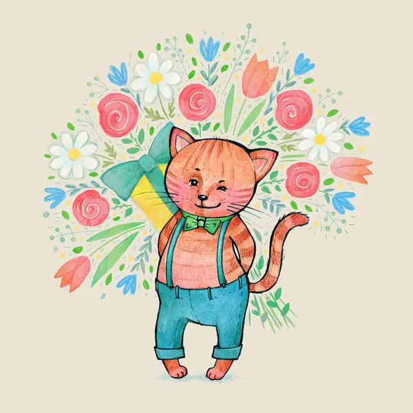 Cat with a bouquet. Cute illustration depicting a ginger kitten with a huge bouquet of flowers and a gift isolated on the white background. Greeting card.