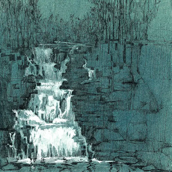 Дух Водоспаду Чорнило Біле Намальоване Сюрреалістичне Графічне Мистецтво Водоспаду Скель Стокова Картинка