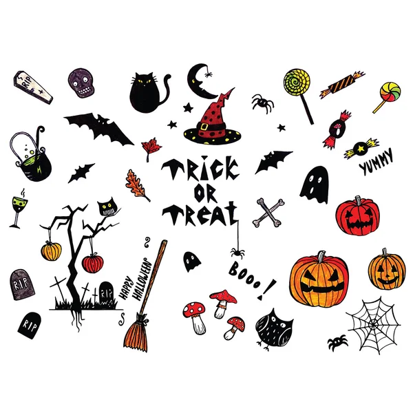 Coleção de festa de Halloween isolado no fundo branco, halloween louco, elementos de festa de halloween, abóboras, truque ou tratamento, doces de halloween — Fotografia de Stock