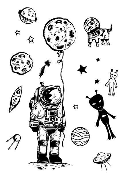 Elementos espaciales aislados sobre fondo blanco, colección espacial, astronauta y luna, estrellas, extraterrestres — Vector de stock