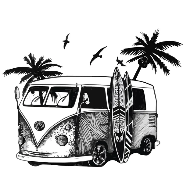 Surfing car, surf illustration, caribbean surf illustartion, vintage surfboards — Stock Vector