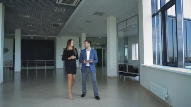 Geschäftsfrau und Geschäftsmann gehen am Fenster vorbei und besprechen die Arbeit — Stockvideo