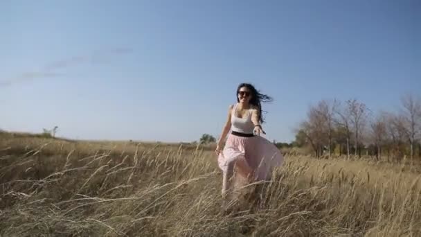 Молодая красивая девушка в поле замедленного движения — стоковое видео