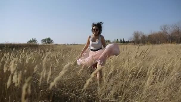 Mooi meisje in het veld slow motion — Stockvideo