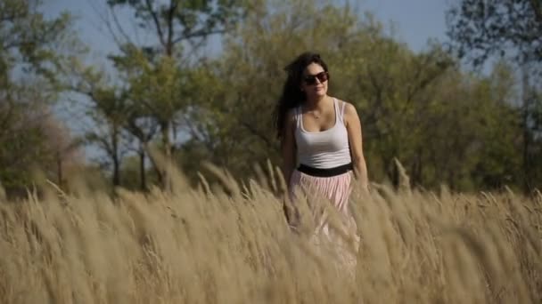 Вдумчивая девушка в поле замедленной съемки — стоковое видео