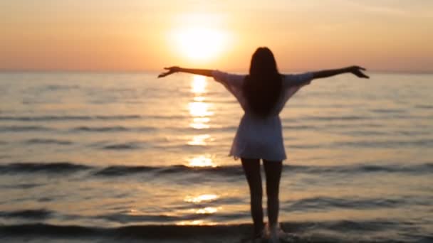 Una chica camina en el mar al atardecer en cámara lenta — Vídeo de stock