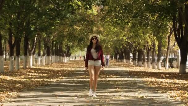 Menina caminha no beco de outono, menina sorrindo para a câmera — Vídeo de Stock