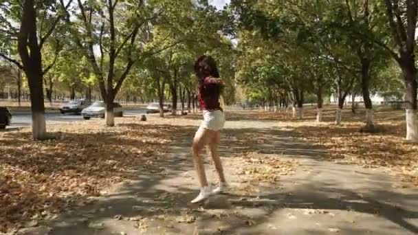 Chica camina en el callejón de otoño — Vídeos de Stock